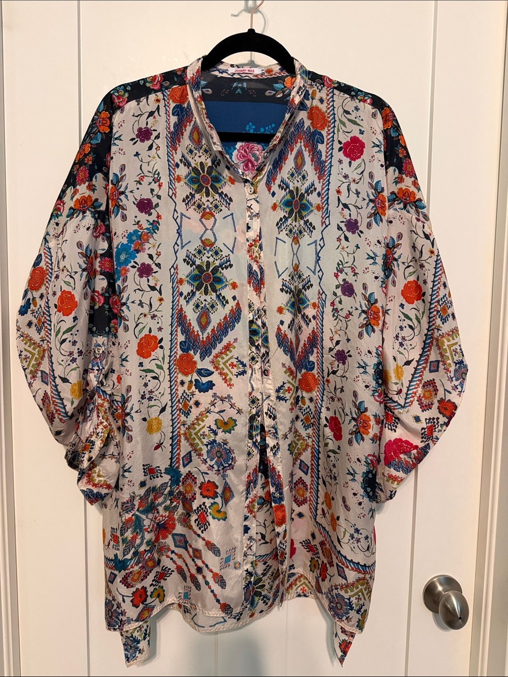 Johnny Was 100% Silk White Floral Print Button-Down Shirt
